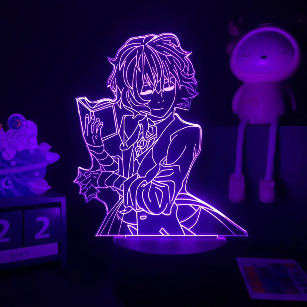 Purple glowing bungo stray dogs ranpo 3d led night light shaped like an anime character reading a book