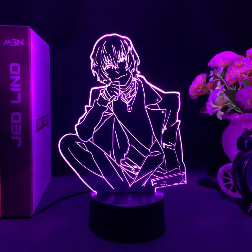 Bungo stray dogs ranpo 3d led night light featuring a purple neon-lit anime character with glowing outline and black base