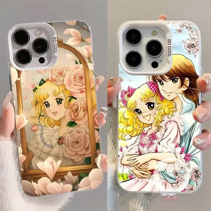 Two white matte candy candy shockproof phone cases with anime illustrations on clear plastic back side