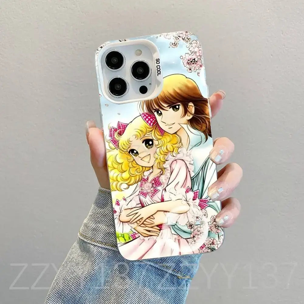 Back side of candy candy white matte shockproof phone case with pastel anime girls floral design and so cool text near camera