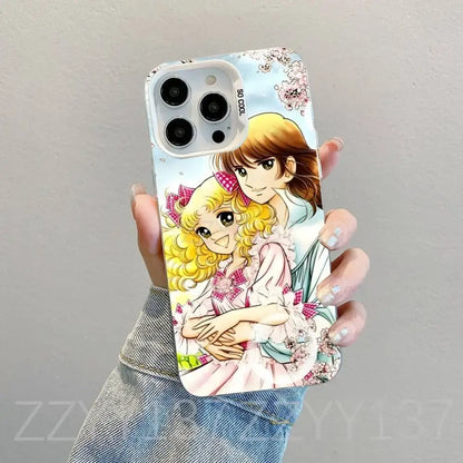 Back side of candy candy white matte shockproof phone case with pastel anime girls floral design and so cool text near camera