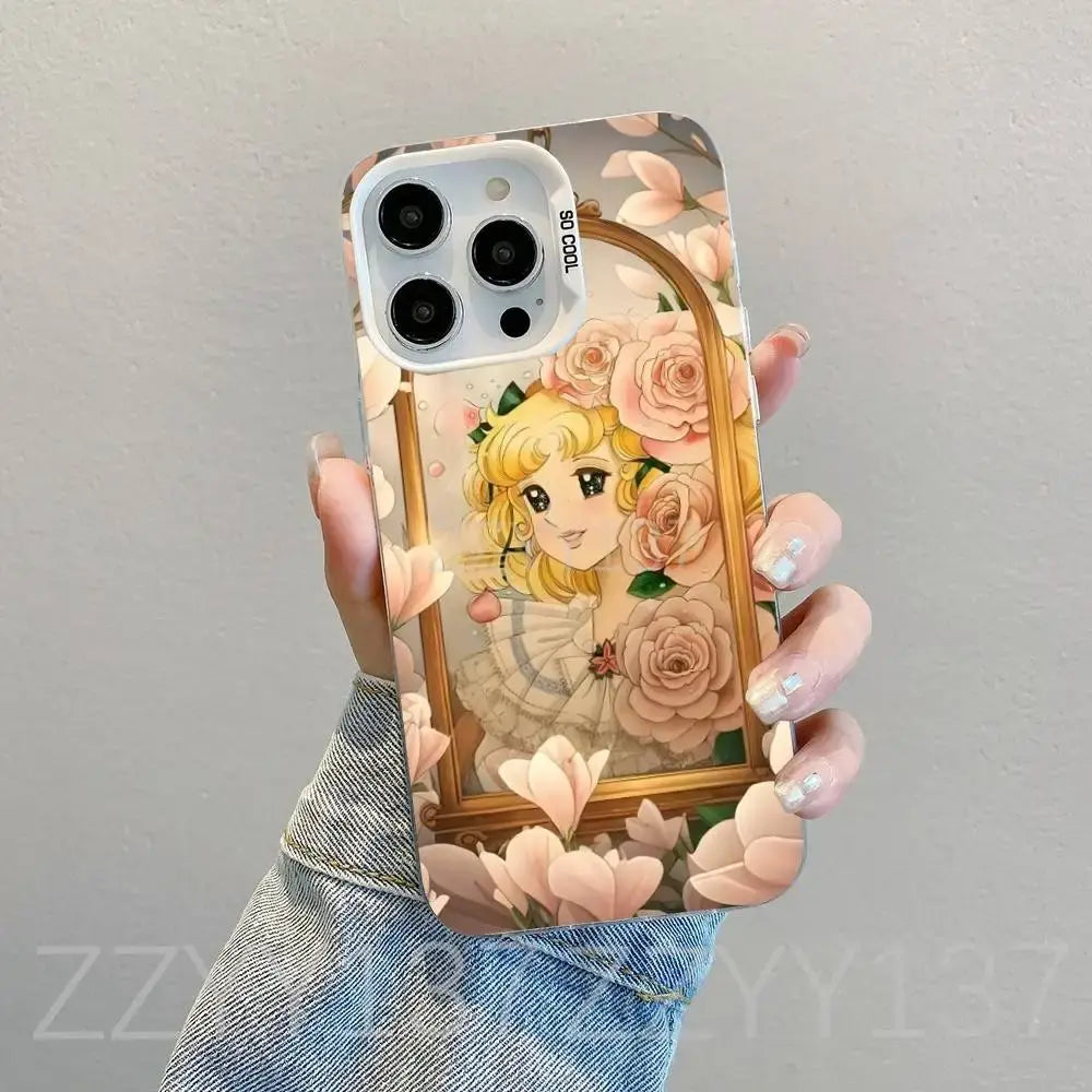 Back side of a pastel pink and cream floral-themed candy candy white matte shockproof phone case for iphone 13 pro max