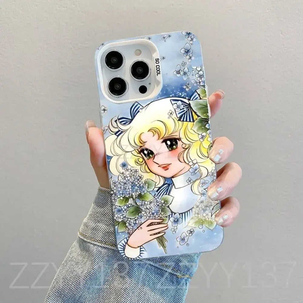 Back of a pastel blue white matte candy candy shockproof phone case with cartoon girl and so cool text near camera cutout
