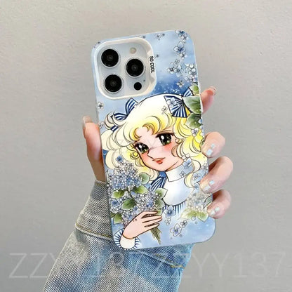 Back of a pastel blue white matte candy candy shockproof phone case with cartoon girl and so cool text near camera cutout