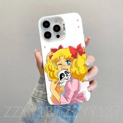 White matte shockproof phone case for iphone 13 pro featuring cartoon blonde character with red bows holding a panda on back