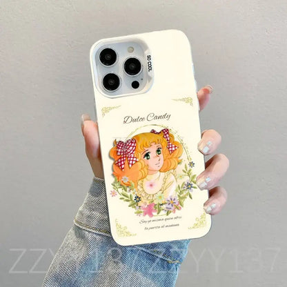 Cream-colored white matte phone case with cartoon orange-haired girl and floral wreath on the back, dulce candy design
