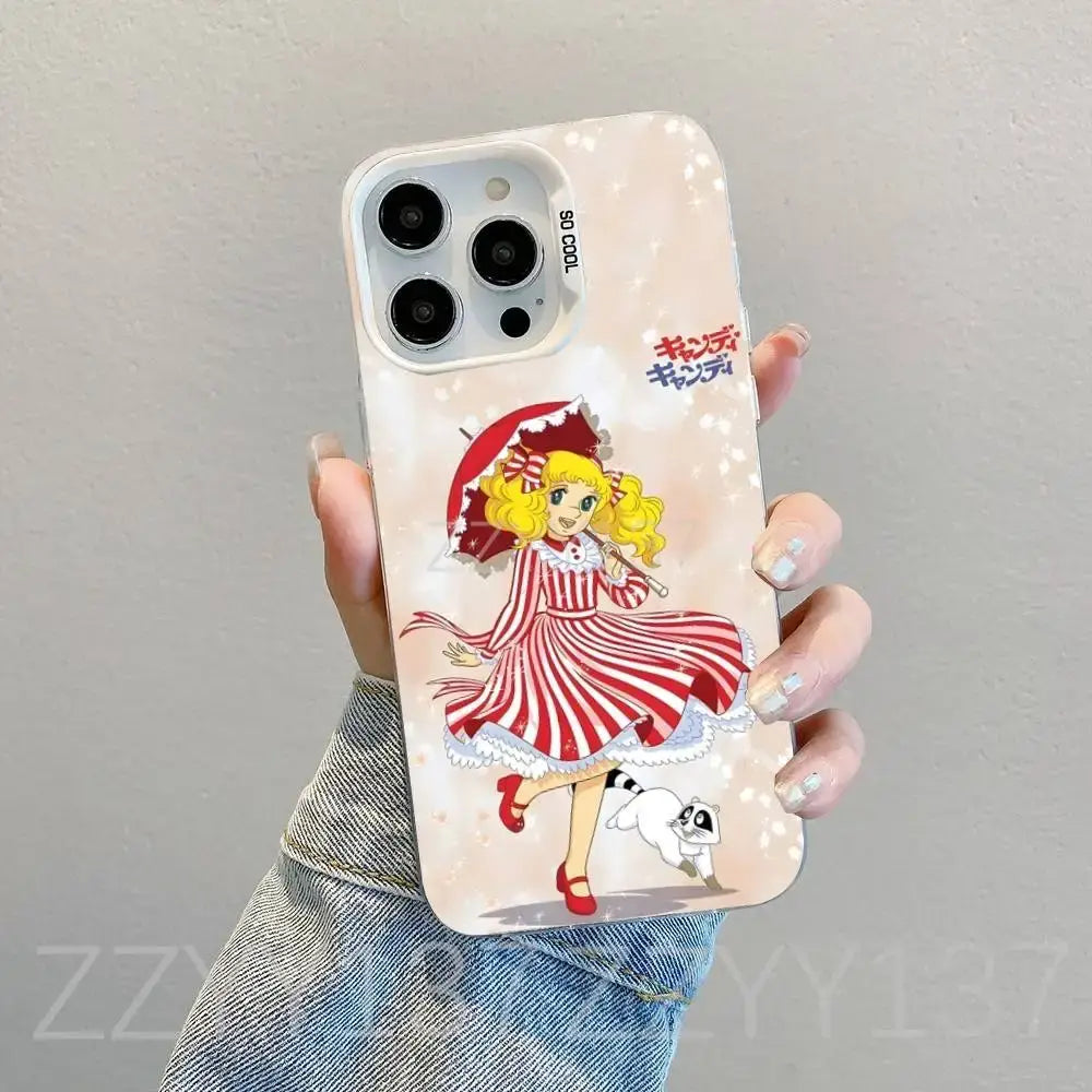 Back side of a pink candy candy white matte shockproof phone case with a cartoon girl and raccoon illustration
