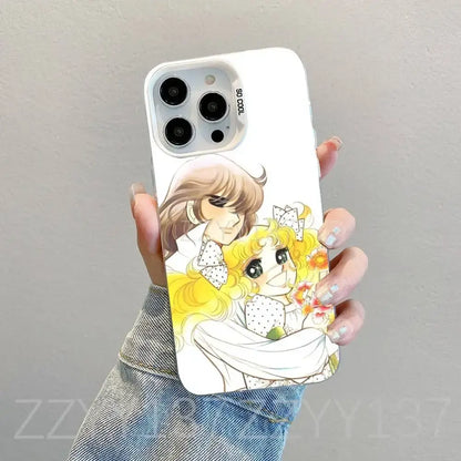 Back side of a white matte candy candy phone case featuring two anime characters with brown and blonde hair
