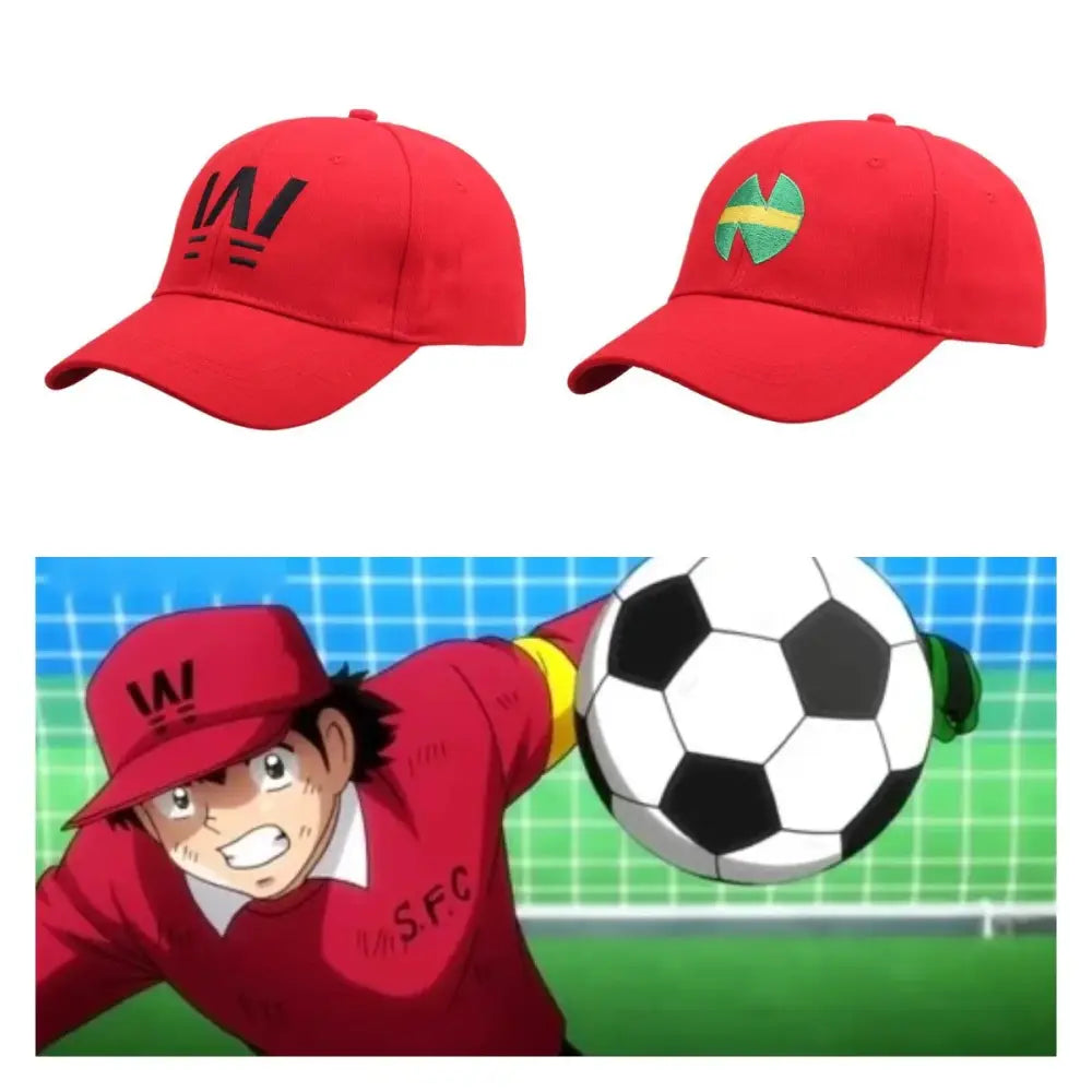 Red adjustable baseball cap with black embroidered wakabayashi genzo logo from captain tsubasa collection