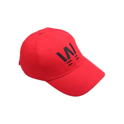 Red adjustable wakabayashi genzo baseball cap with black embroidered captain tsubasa logo on front