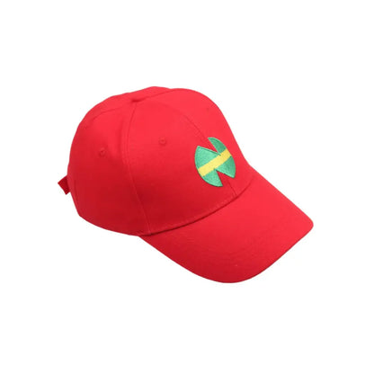 Red adjustable baseball cap with green and yellow embroidered wakabayashi genzo logo captain tsubasa design