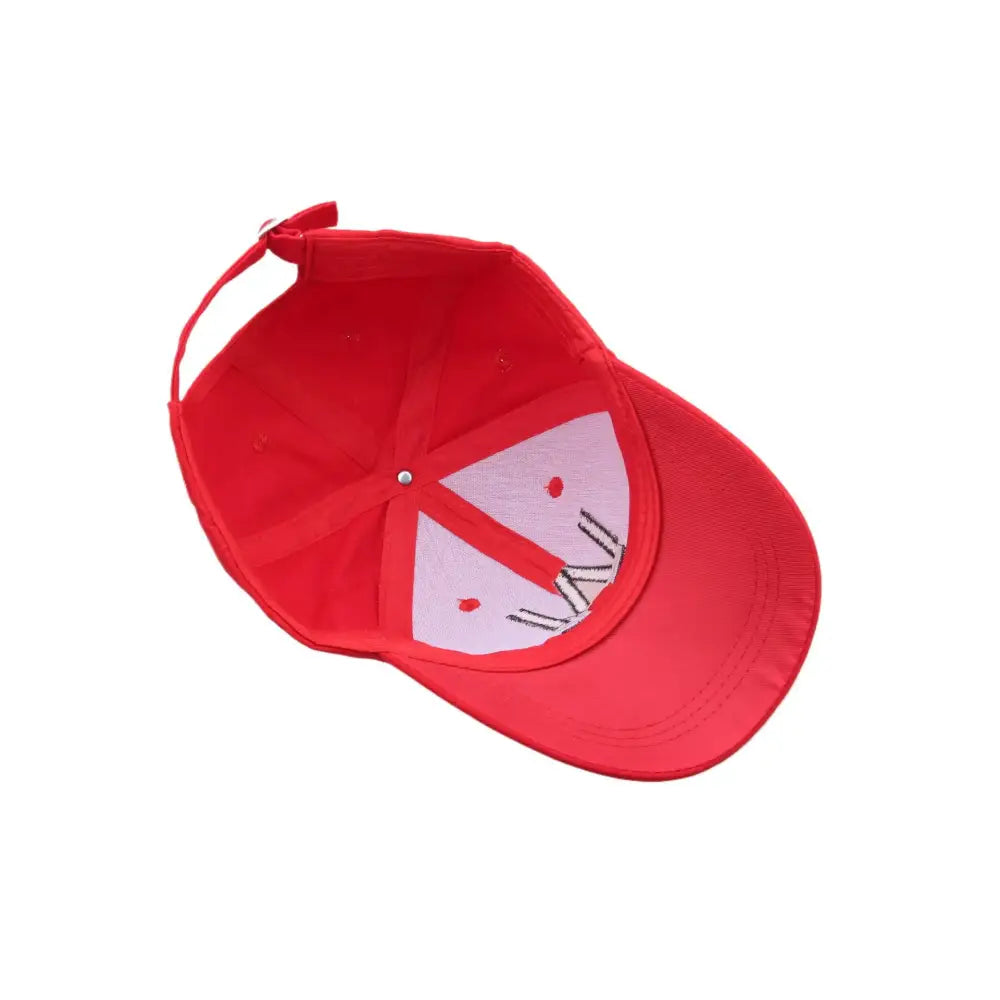 Red adjustable wakabayashi genzo baseball cap with white embroidered face design on underside of brim captain tsubasa
