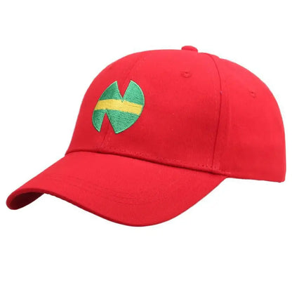 Red adjustable wakabayashi genzo baseball cap with green and yellow embroidered captain tsubasa logo on front
