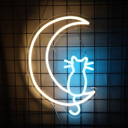 A cat and moon led neon sign with a white crescent moon and blue cat silhouette on acrylic backing wall light