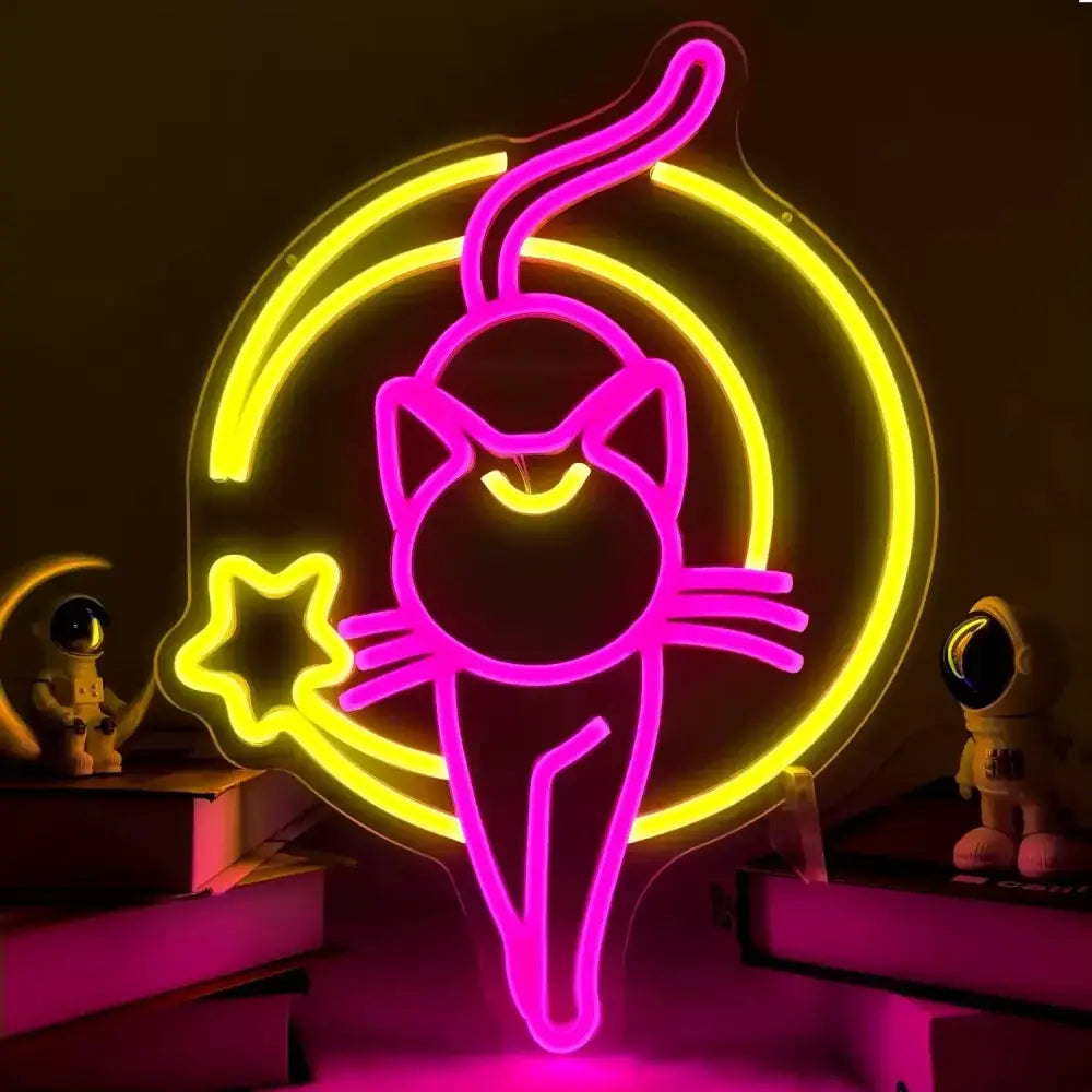 Cat and moon led neon sign featuring a vibrant pink acrylic backing cat with a yellow crescent moon led neon light