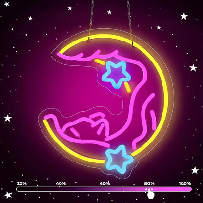Cat & moon led neon sign with pink and yellow moon led neon and blue star outlines on acrylic backing against dark purple