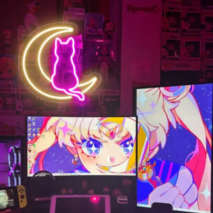 Cat and moon led neon sign with pink cat silhouette on yellow crescent moon acrylic backing wall light