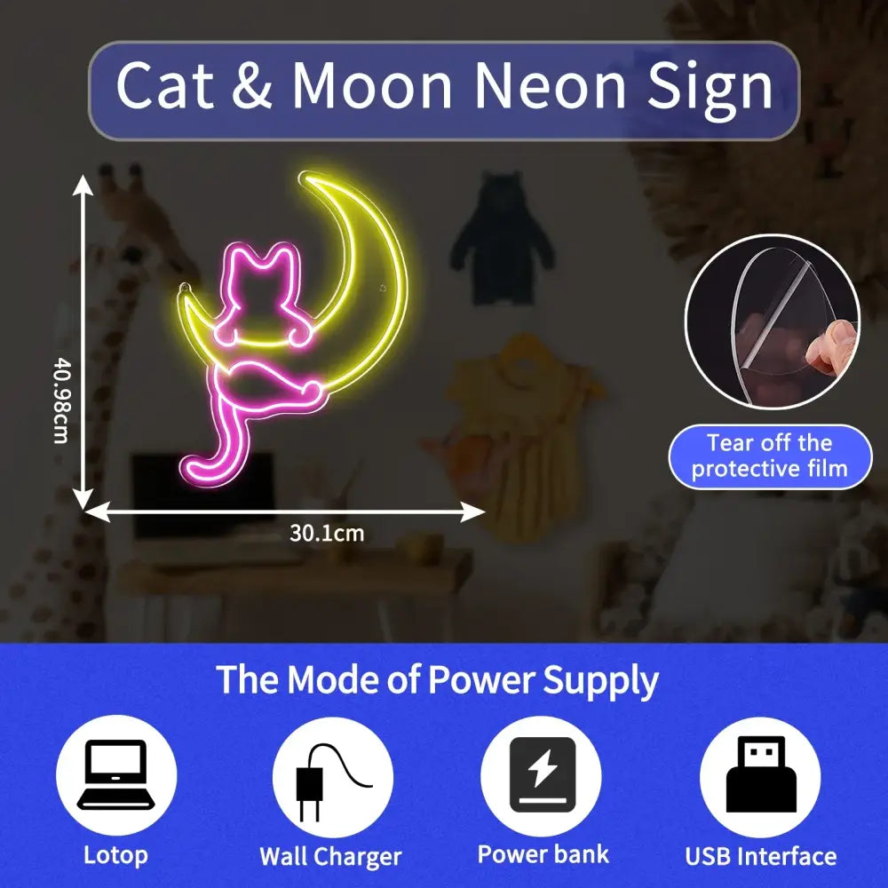 A glowing pink cat sitting on a yellow crescent moon led neon sign with acrylic backing for wall decoration