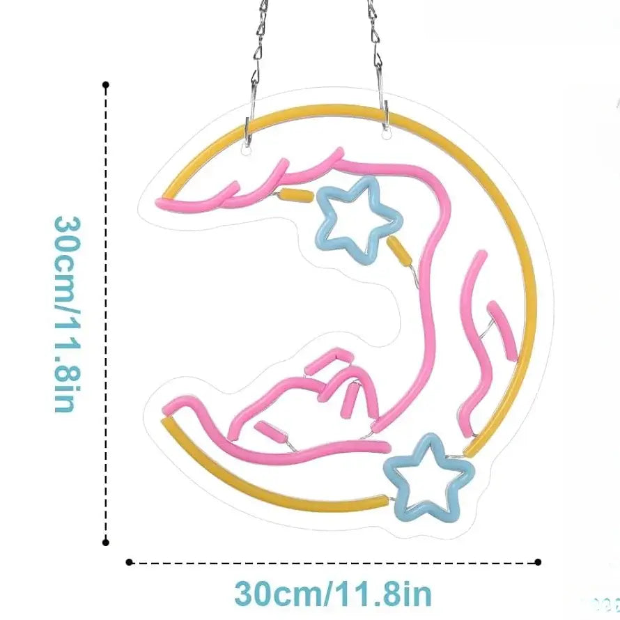 Cat & moon led neon sign with pink and yellow crescent moon and light blue stars on acrylic backing wall light