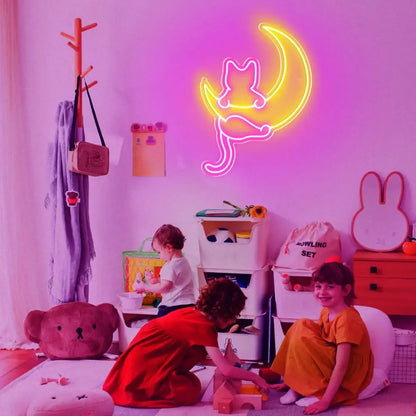 Cat and moon led neon sign with glowing yellow and pink acrylic backing shaped like a cat on crescent moon wall light