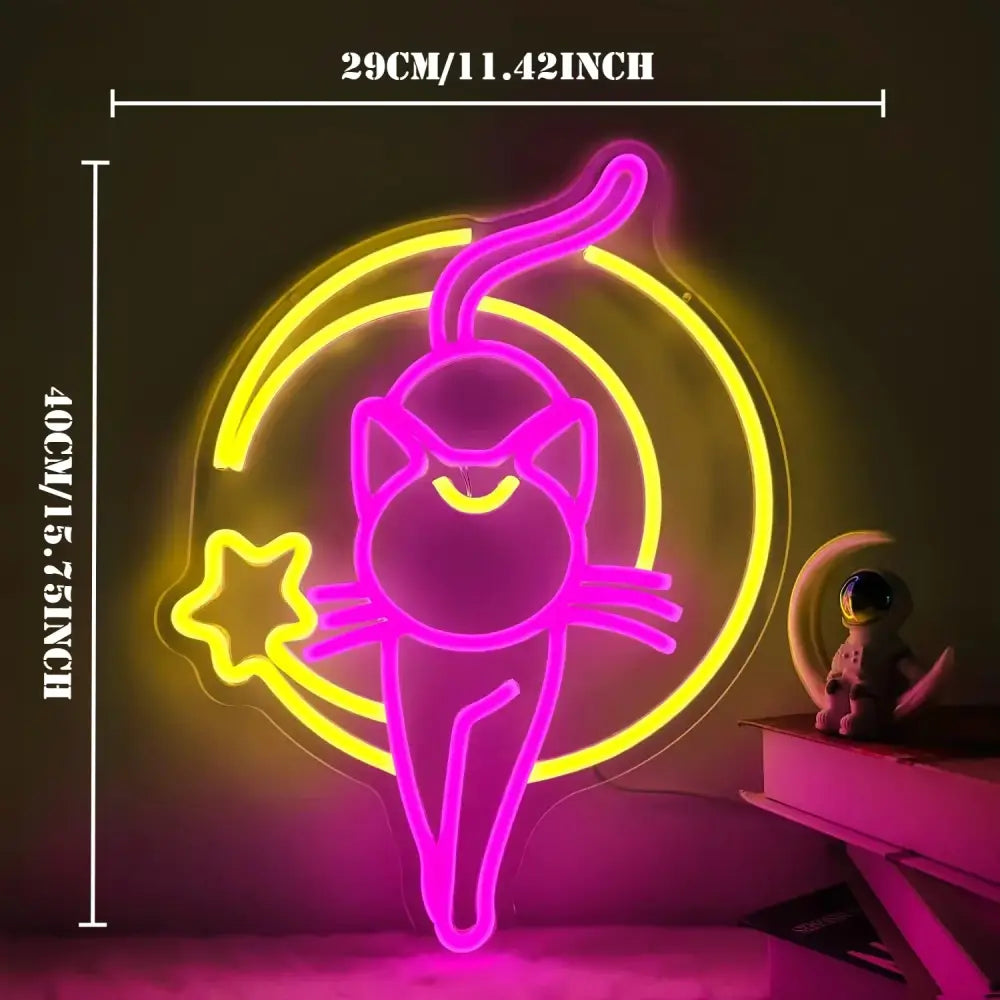 Cat and moon led neon sign with pink cat and yellow crescent moon star on acrylic backing wall light