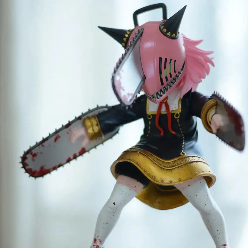 Pink-haired anya forger chainsaw man garage kit statue with black and gold outfit and spiked chainsaw arms in 2d animation style