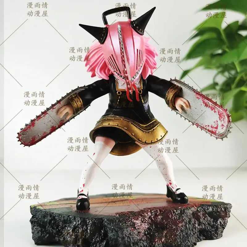 Pink and black chainsaw man anya forger garage kit figurine with chainsaw arms wearing short skirt and high heels