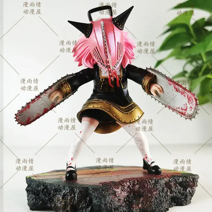 Pink and black chainsaw man anya forger garage kit figurine with chainsaw arms wearing short skirt and high heels
