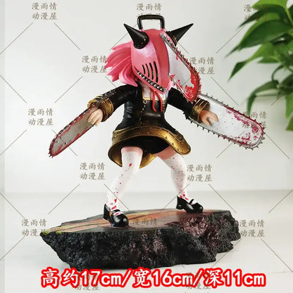 Pink-haired anya forger garage kit from chainsaw man featuring black horns chainsaw and black gold outfit