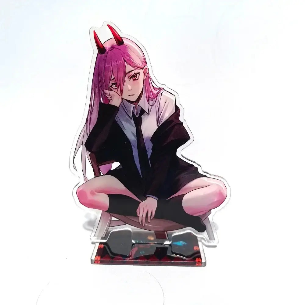 Pink-haired anime girl with red horns acrylic stand in black school uniform for chainsaw man desktop decor 15cm