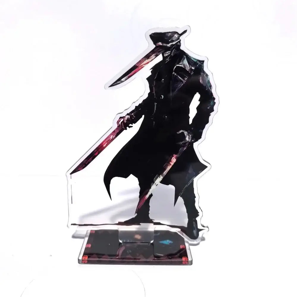 Black acrylic stand featuring chainsaw man character denji in long coat holding two red swords for desktop decor