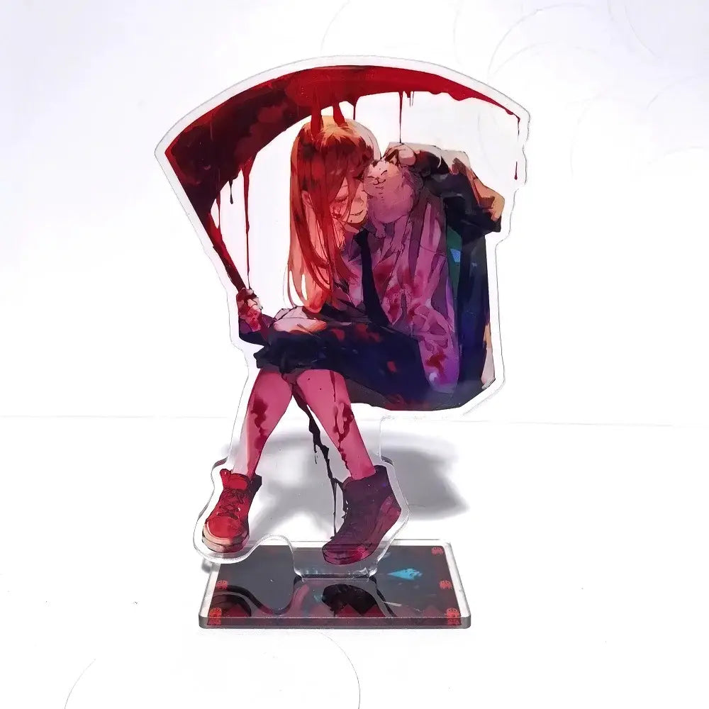 Transparent acrylic stand featuring a red-haired girl with blood-dripping umbrella from chainsaw man desktop decor