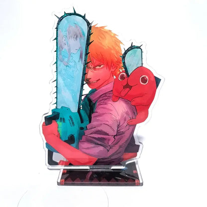 Chainsaw man denji acrylic stand with orange hair teal chainsaw and red plush on transparent base for desktop decor
