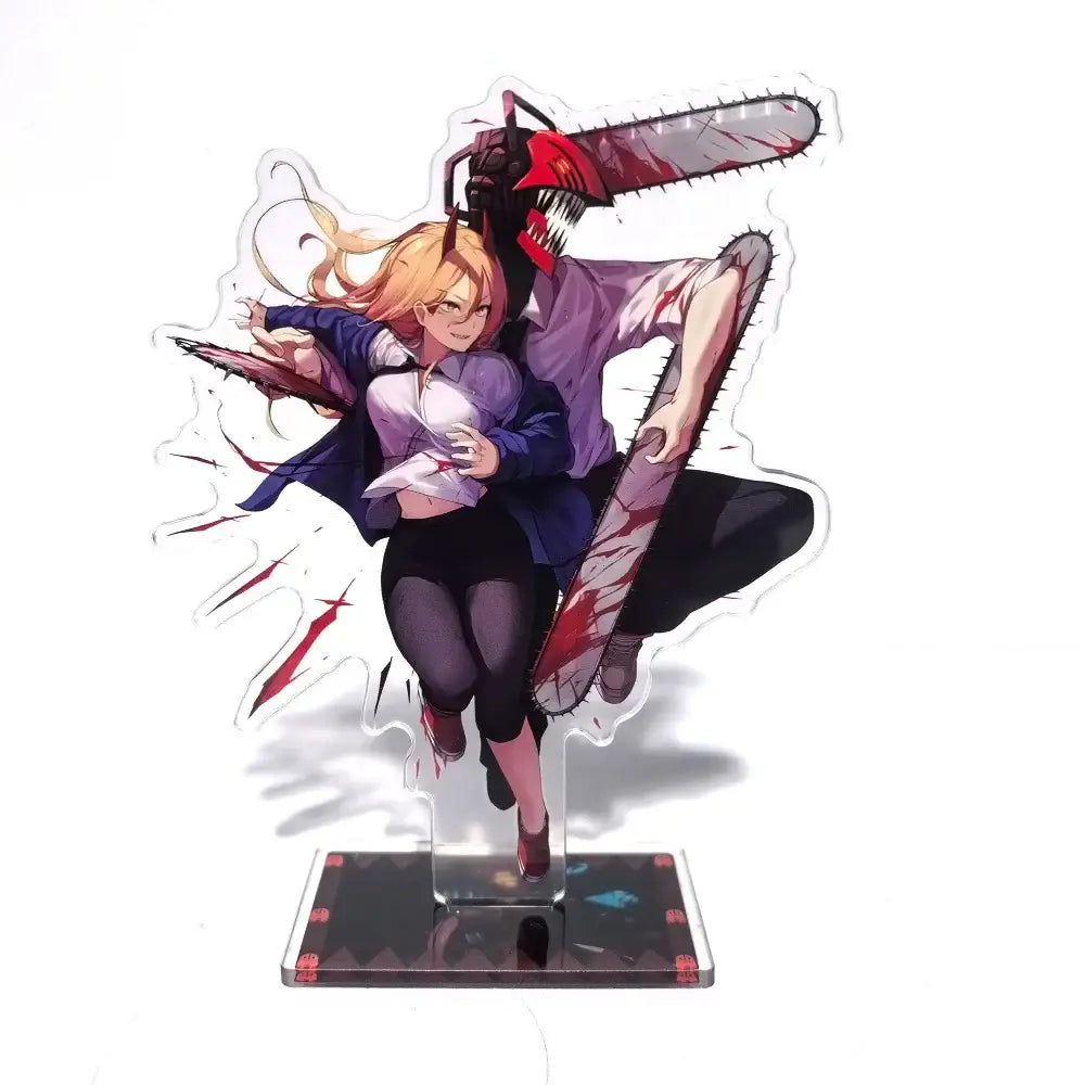 Clear acrylic chainsaw man denji stand with blonde hair and two chainsaws blood splatter desktop decor 15cm