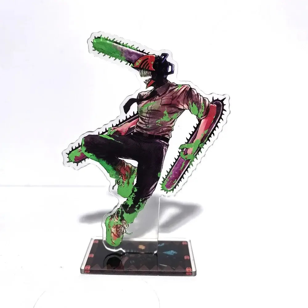 A translucent chainsaw man acrylic stand with green goo splatters for 15cm desktop decor