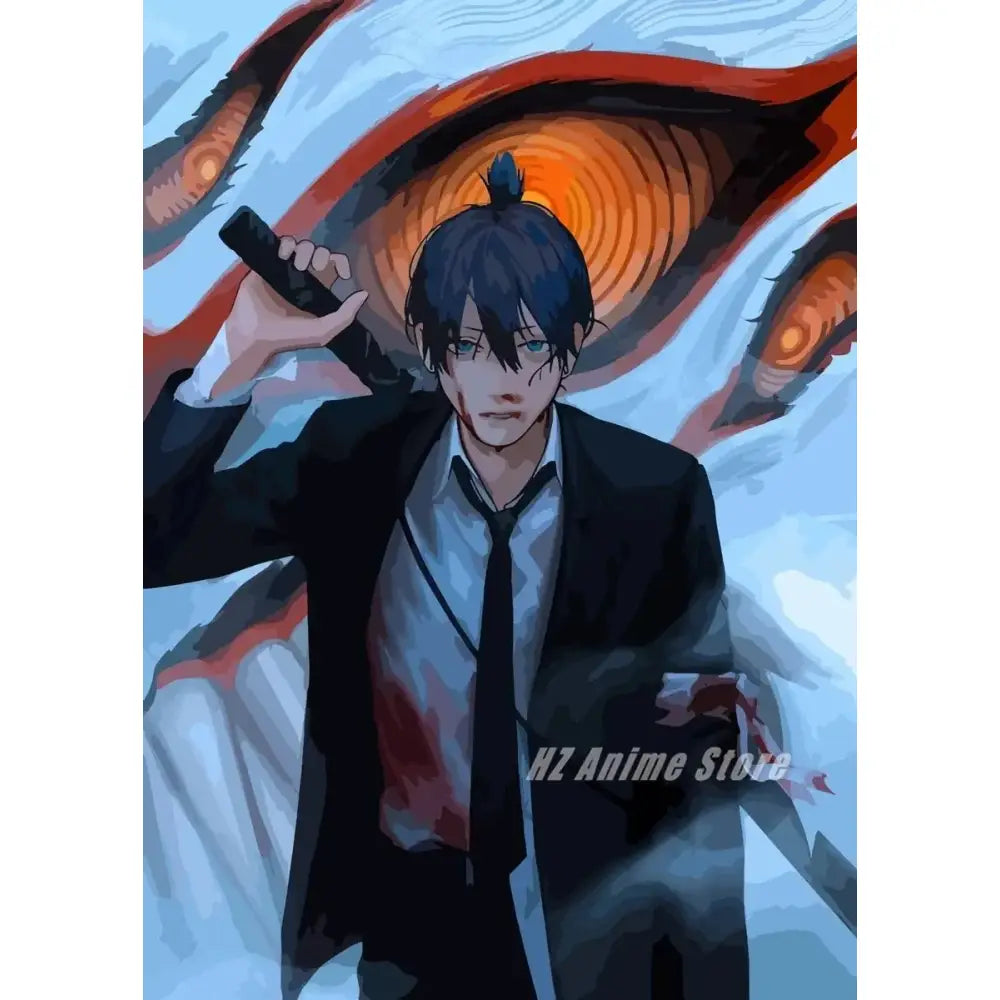 Stylized chainsaw man canvas print featuring denji in a black suit with an orange-ringed eye motif for modern wall art and home decor