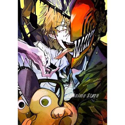 Chainsaw man denji canvas print featuring orange and black armored monster with sharp teeth and glowing yellow eyes wall art for home decor