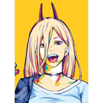 Chainsaw man denji canvas print featuring a stylized blonde anime character with red horns for modern wall art home decor