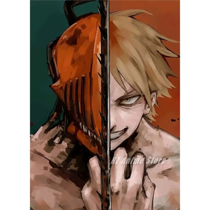 Orange chainsaw mask with black handle and serrated blade edges canvas print for chainsaw man wall art home decor