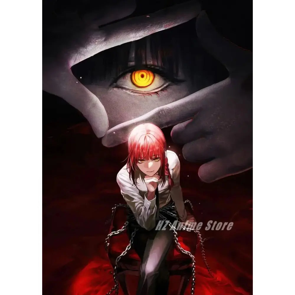 Chainsaw man denji canvas print featuring red-haired character in white shirt with chains, perfect chainsaw man wall art decor