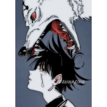 Chainsaw man denji canvas print featuring black-haired character with tears below white wolf for modern wall art home decor