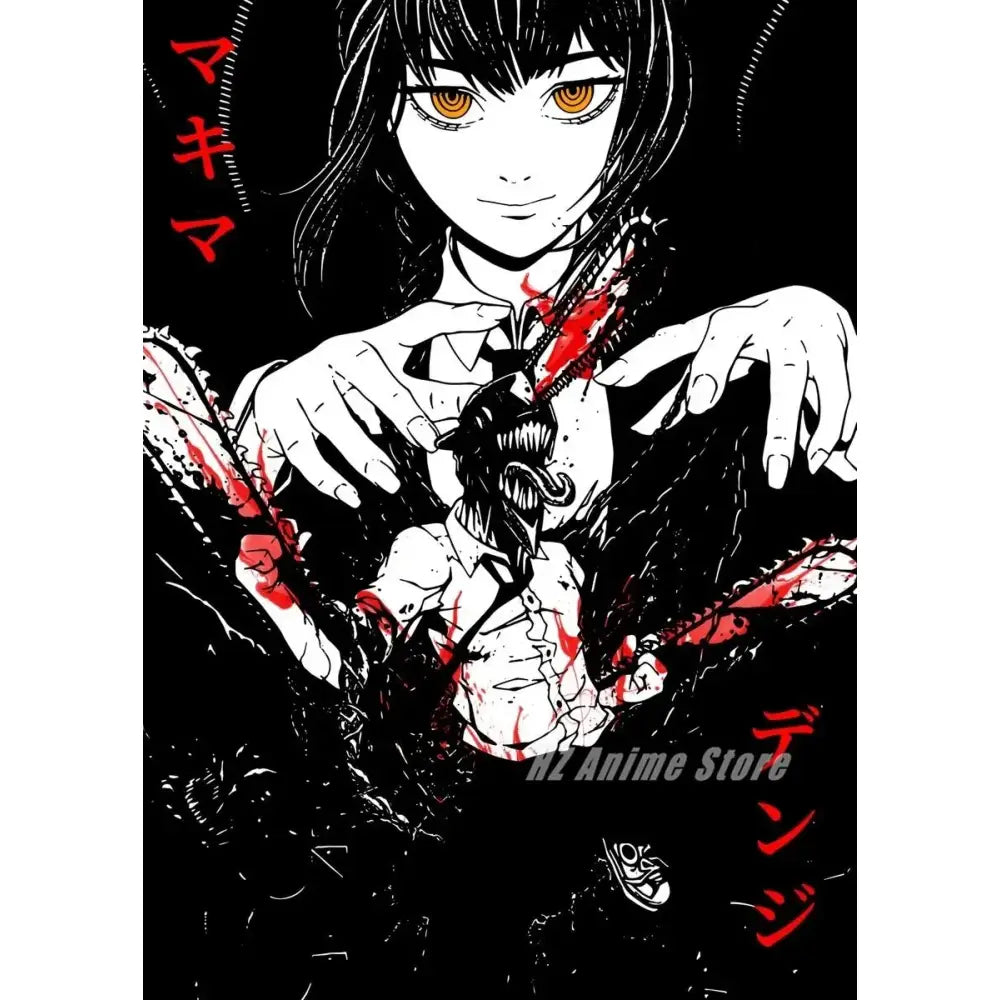 Black-and-white chainsaw man canvas print featuring denji with orange eyes holding red-stained chainsaws for wall art and home decor