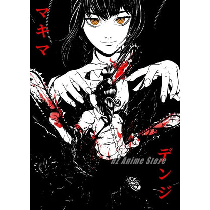 Black-and-white chainsaw man canvas print featuring denji with orange eyes holding red-stained chainsaws for wall art and home decor