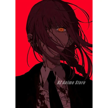 Chainsaw man denji canvas print showing a dark-haired character with one glowing orange eye in bloodstained black suit wall art