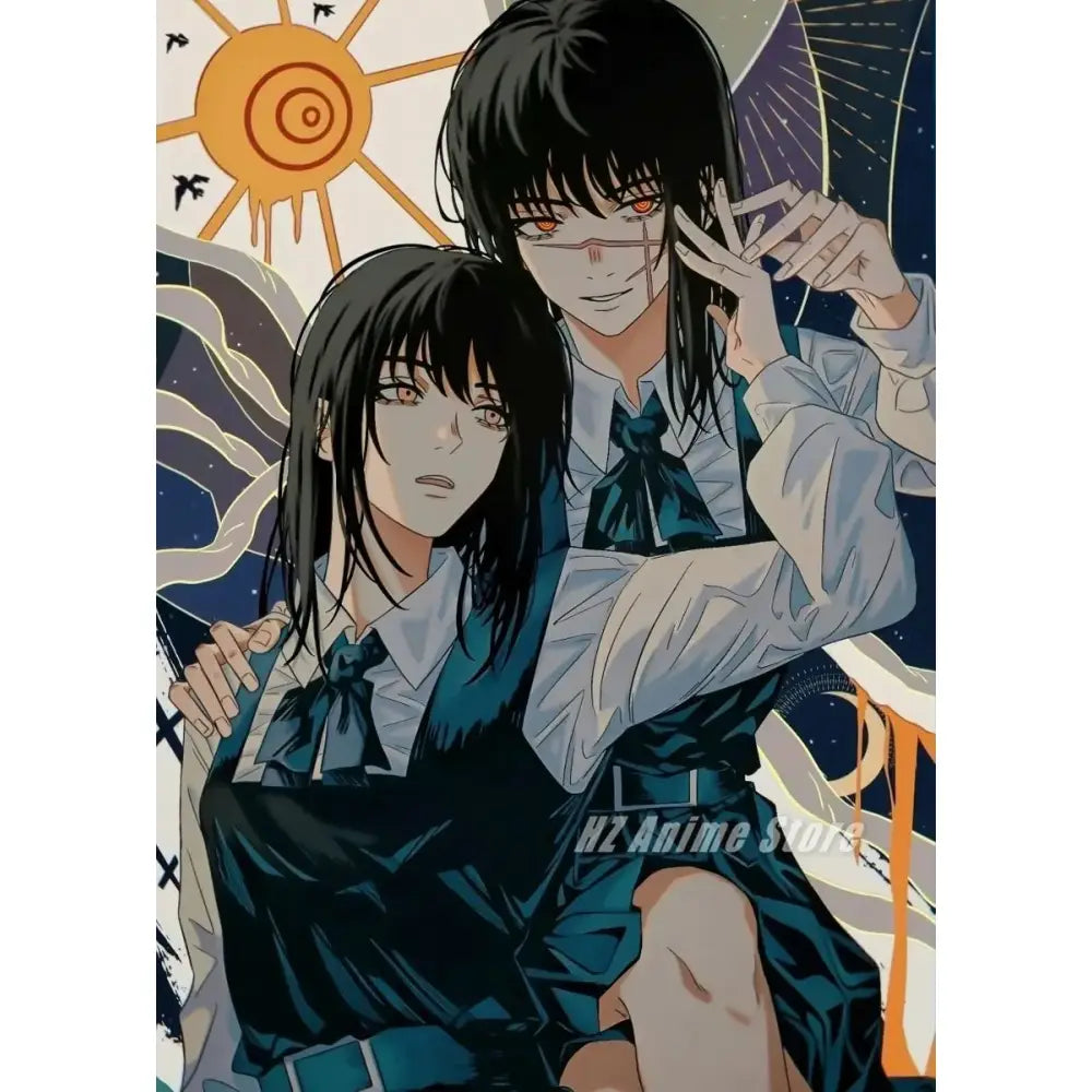 Anime illustration of two dark-haired characters with orange eyes on chainsaw man canvas wall art for home decor
