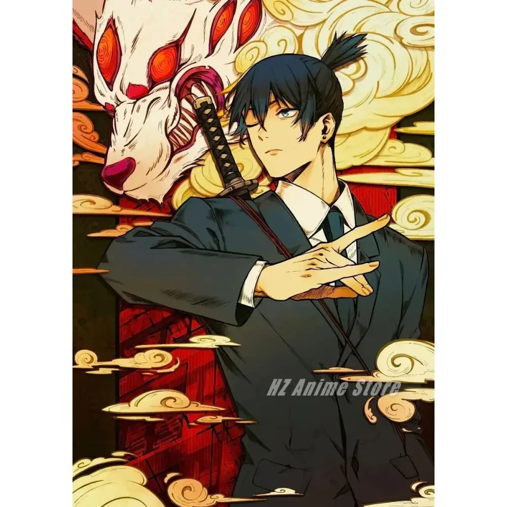 Chainsaw man denji canvas print featuring anime character in dark blue suit with katana for modern wall art home decor