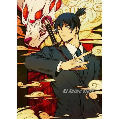 Chainsaw man denji canvas print featuring anime character in dark blue suit with katana for modern wall art home decor