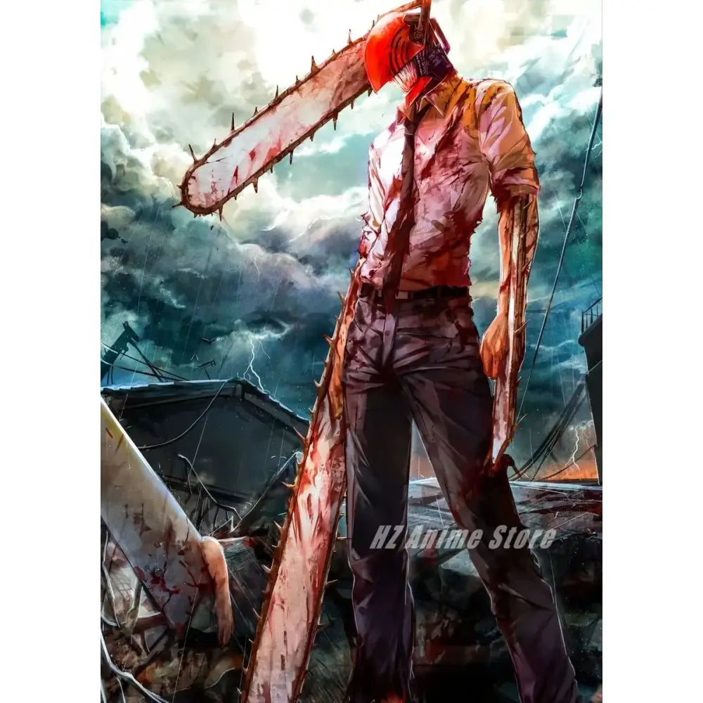 Chainsaw man denji canvas print featuring blood-splattered red chainsaw helmet wall art for home decor