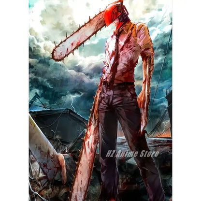 Chainsaw man denji canvas print featuring blood-splattered red chainsaw helmet wall art for home decor