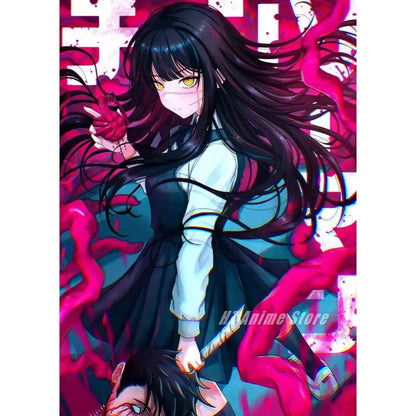 Chainsaw man denji canvas print features a dark-haired anime girl with glowing yellow eyes for modern wall art home decor